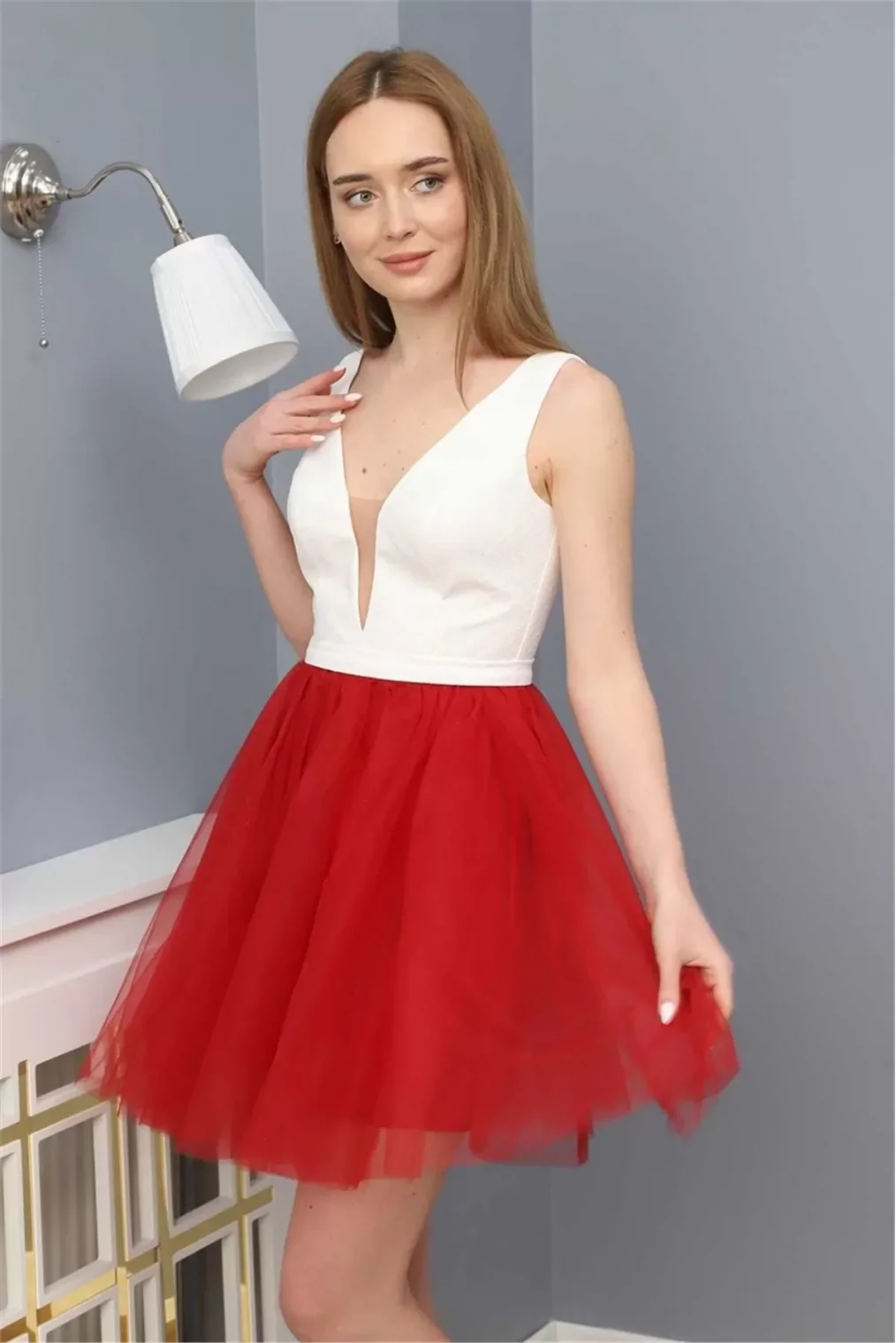 Sim Griterli Kısa Abiye Elbise 1763 Kırmızı/Beyaz