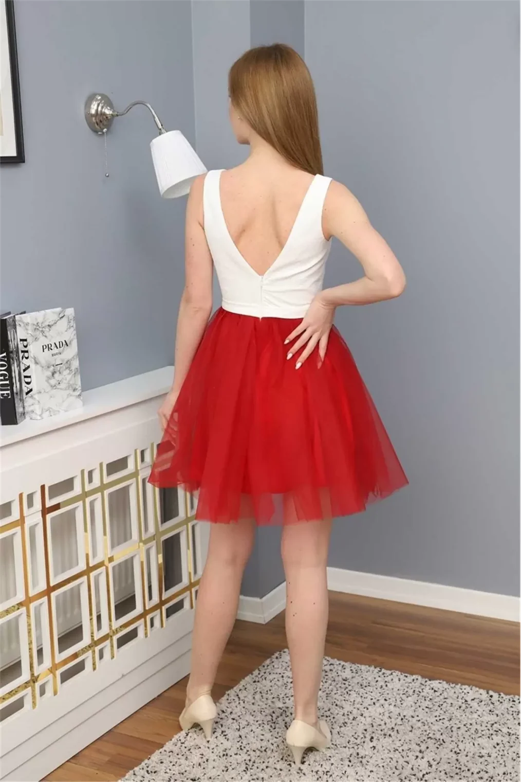 Sim Griterli Kısa Abiye Elbise 1763 Kırmızı/Beyaz