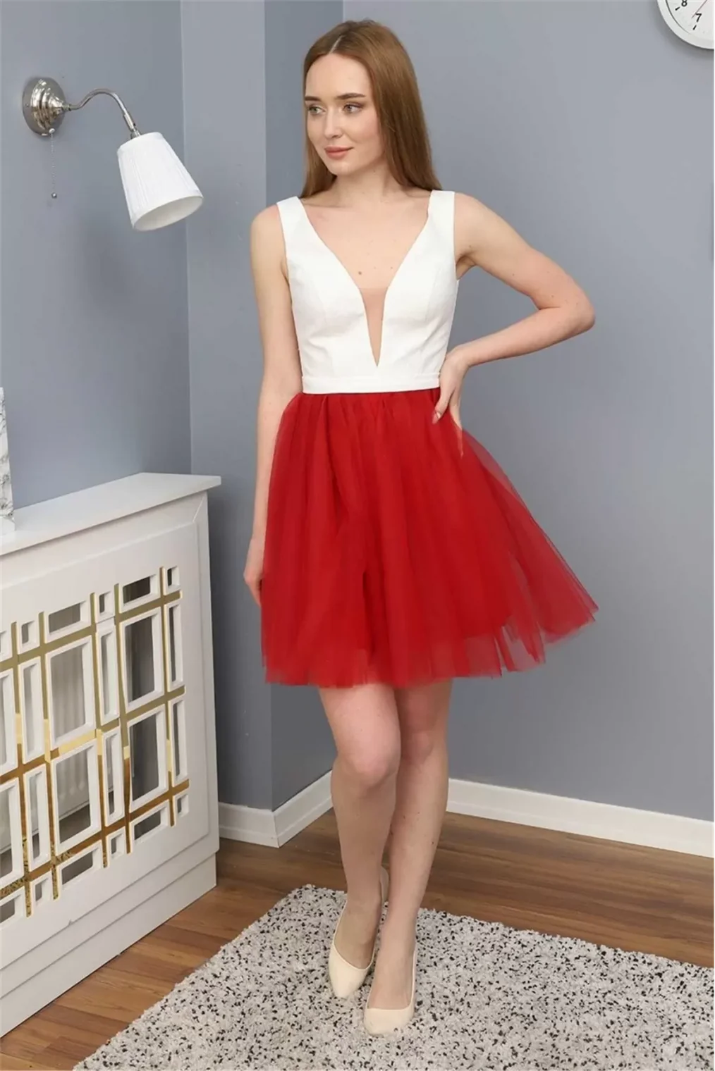 Sim Griterli Kısa Abiye Elbise 1763 Kırmızı/Beyaz