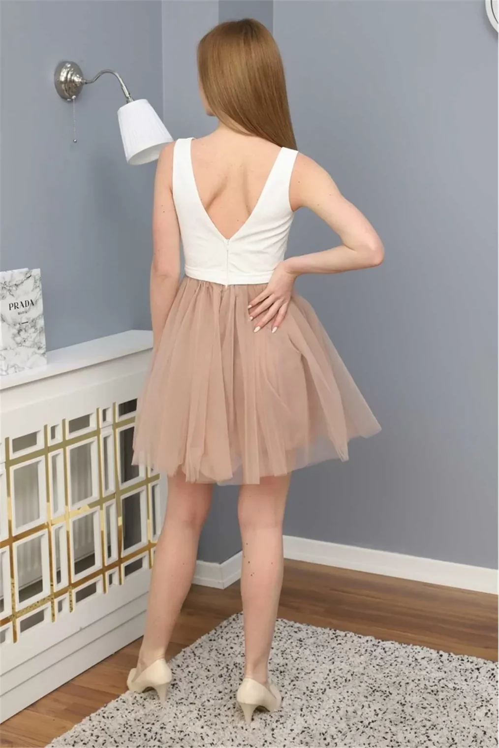 Sim Griterli Kısa Abiye Elbise 1763 Pudra/Beyaz