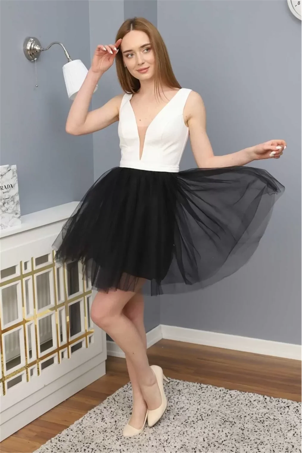 Sim Griterli Kısa Abiye Elbise 1763 Siyah/Beyaz