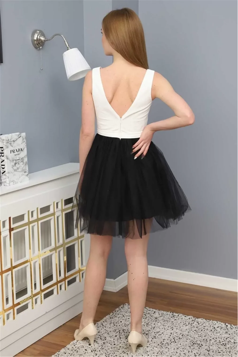 Sim Griterli Kısa Abiye Elbise 1763 Siyah/Beyaz