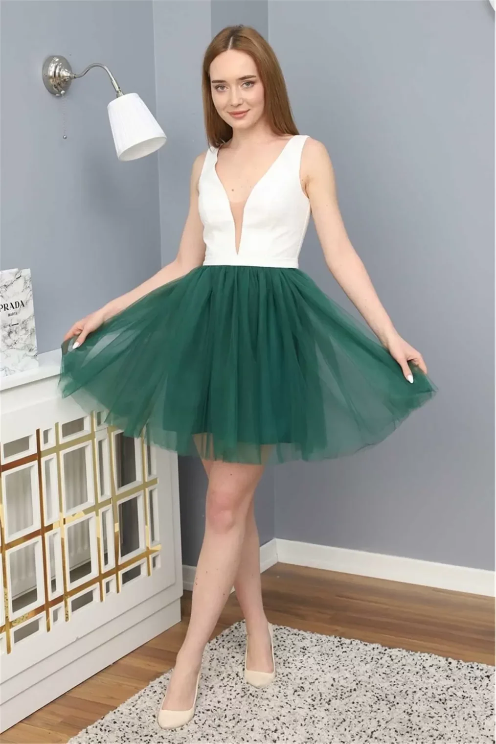 Sim Griterli Kısa Abiye Elbise 1763 Yeşil/Beyaz