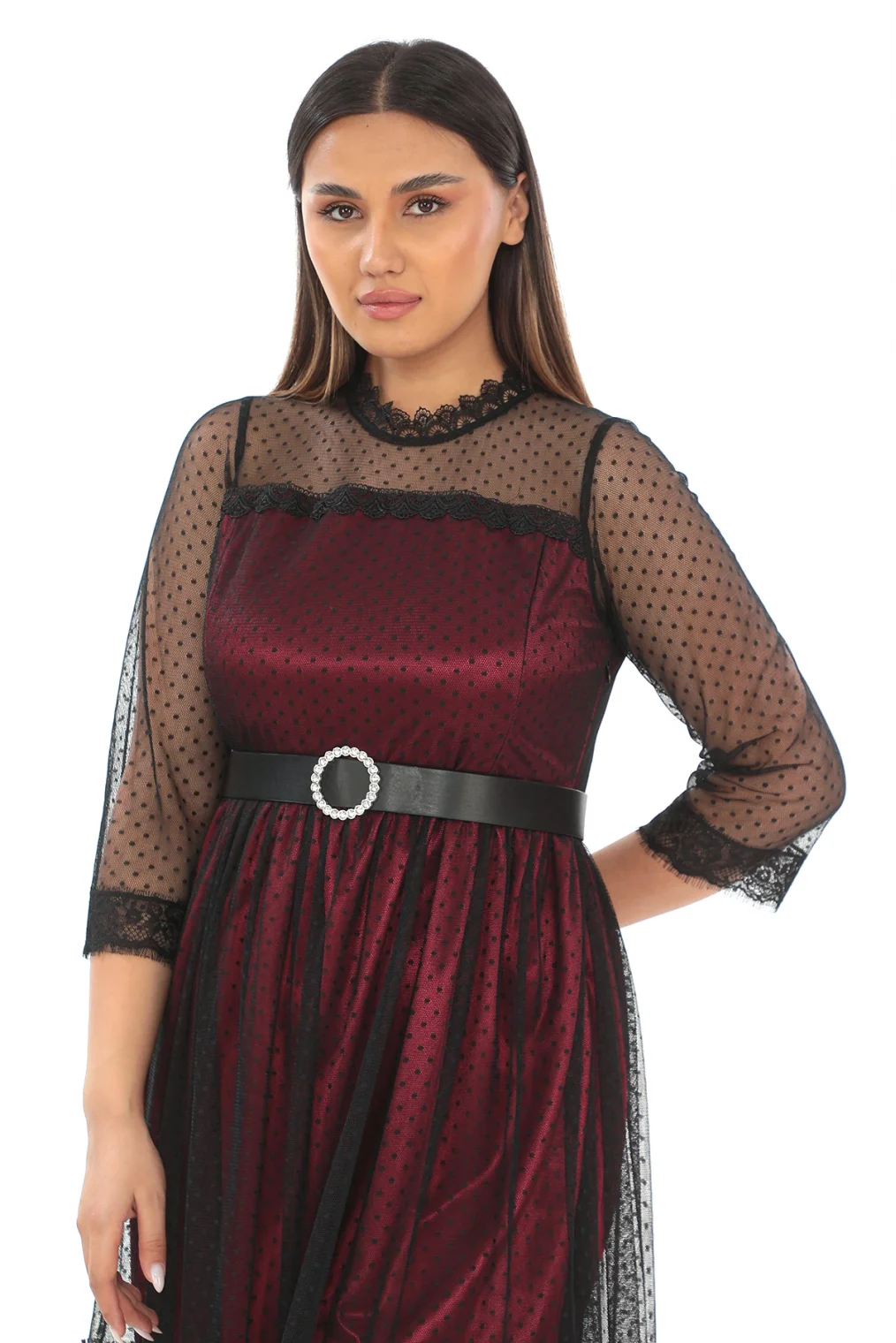 Straplez Yaka Büyük Beden Dantel Elbise 1787-Siyah/Bordo