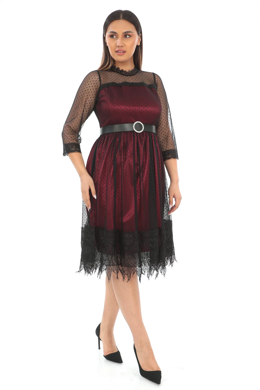 Straplez Yaka Büyük Beden Dantel Elbise 1787-Siyah/Bordo