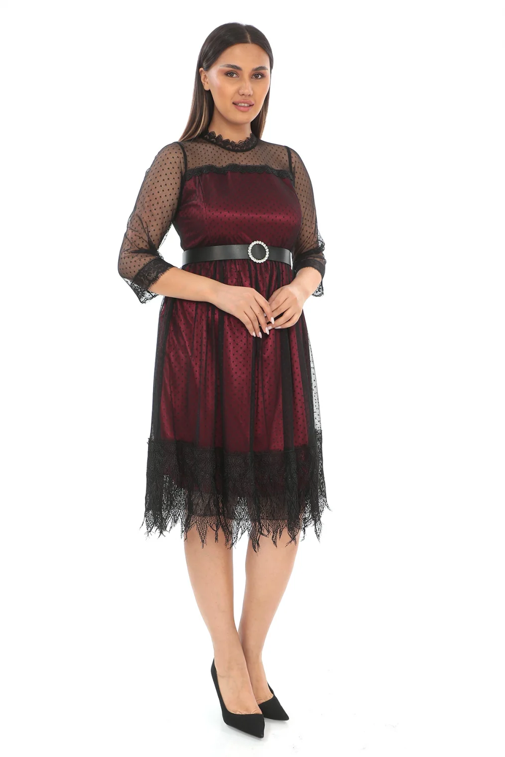 Straplez Yaka Büyük Beden Dantel Elbise 1787-Siyah/Bordo