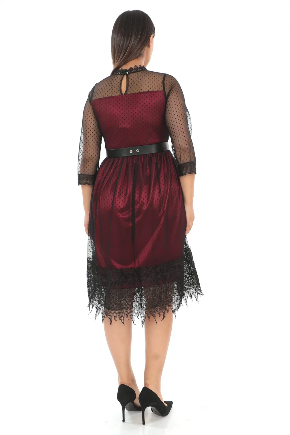 Straplez Yaka Büyük Beden Dantel Elbise 1787-Siyah/Bordo