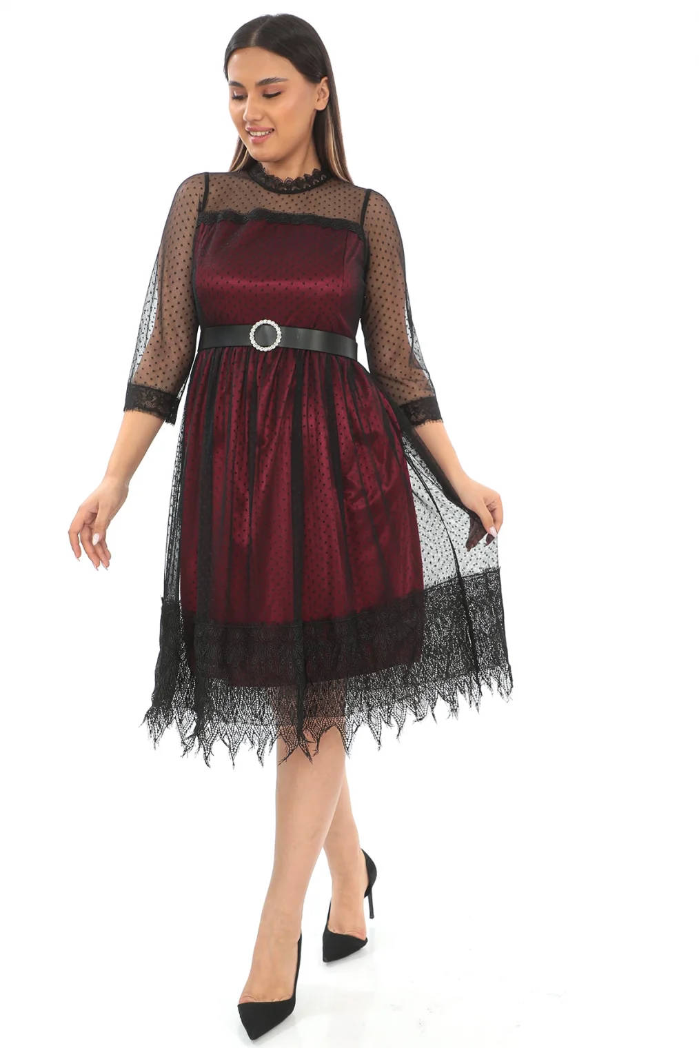 Straplez Yaka Büyük Beden Dantel Elbise 1787-Siyah/Bordo