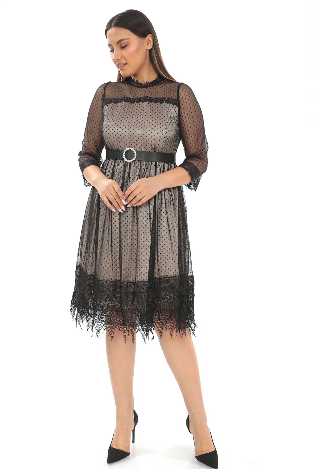 Straplez Yaka Büyük Beden Dantel Elbise 1787-Siyah/Gold