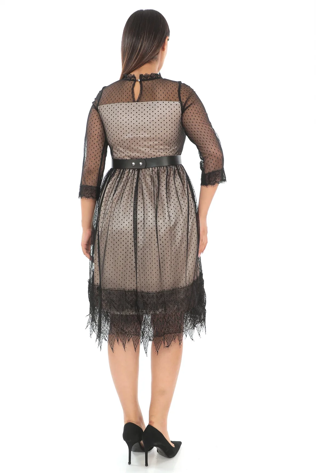 Straplez Yaka Büyük Beden Dantel Elbise 1787-Siyah/Gold