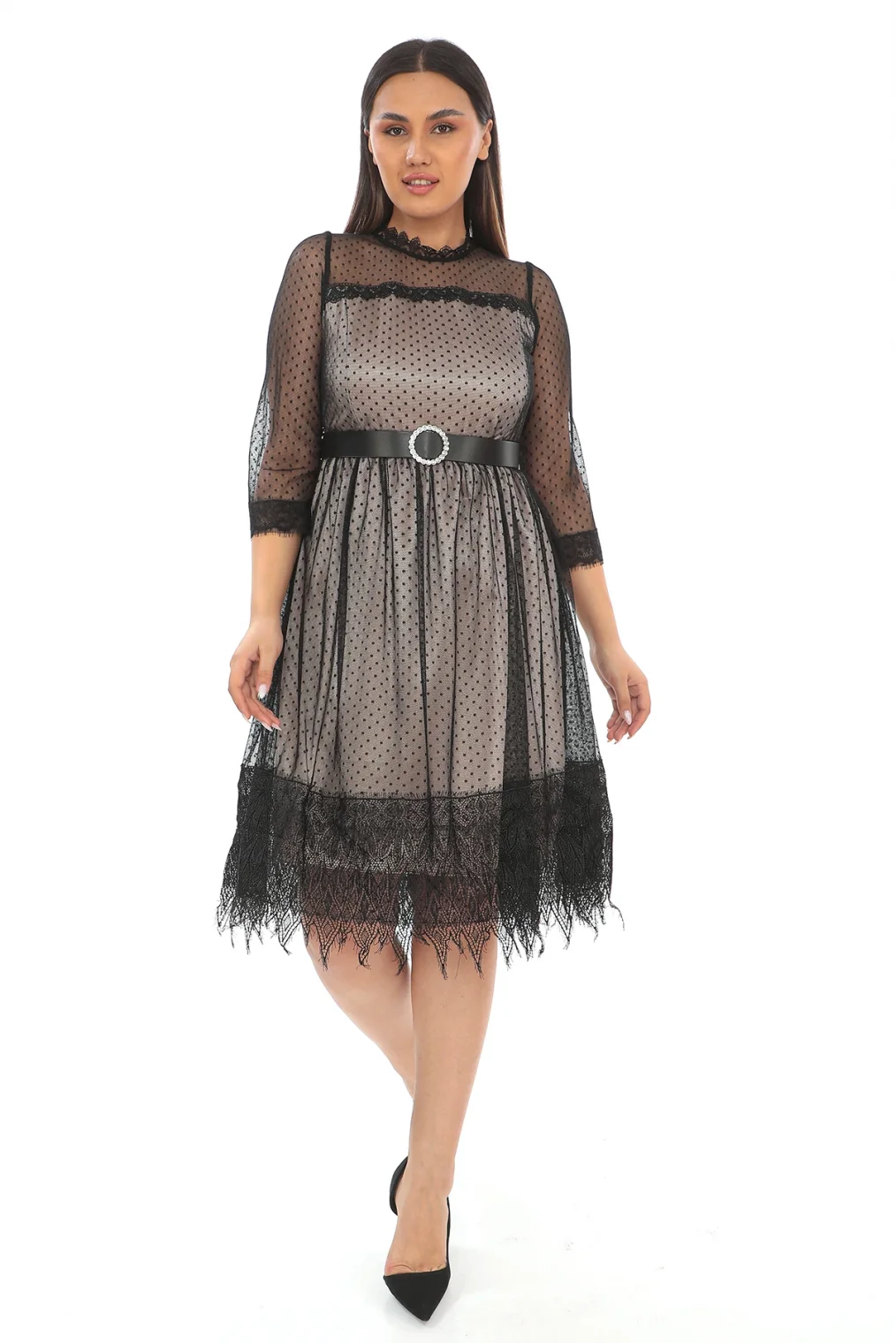 Straplez Yaka Büyük Beden Dantel Elbise 1787-Siyah/Gold