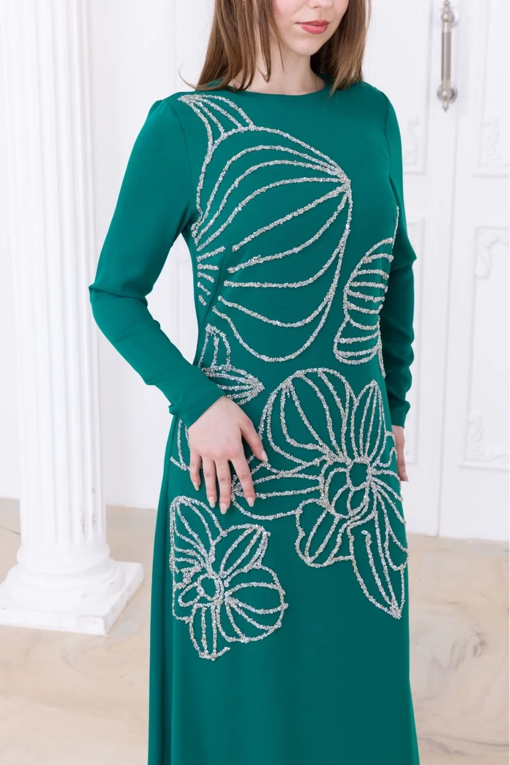 Taş Desenli Krep Abiye Elbise 2738-Zümrüt Yeşili