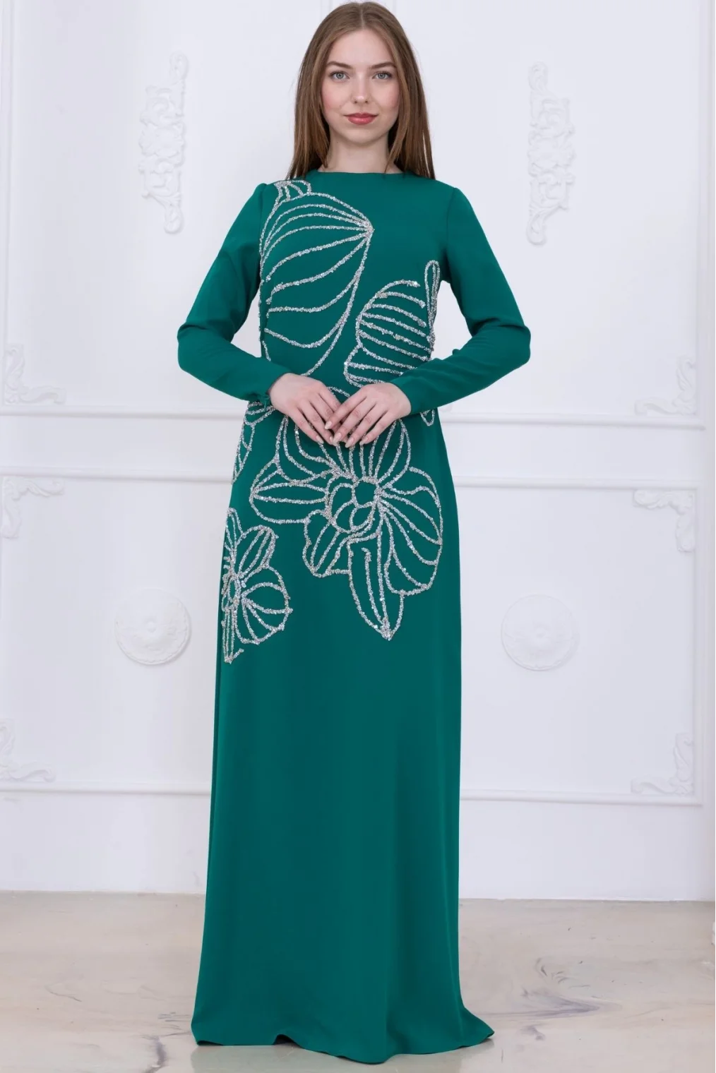 Taş Desenli Krep Abiye Elbise 2738-Zümrüt Yeşili