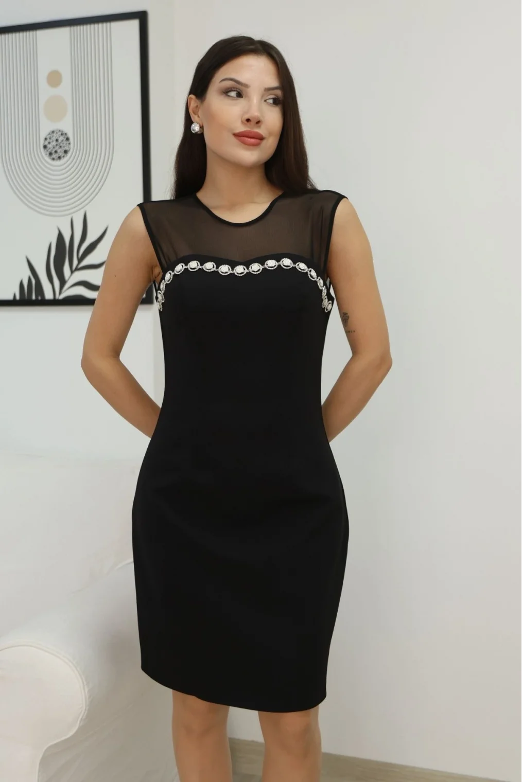 Taş İşleme ve Tül Detaylı Diz Boyu Elbise 2376-Siyah