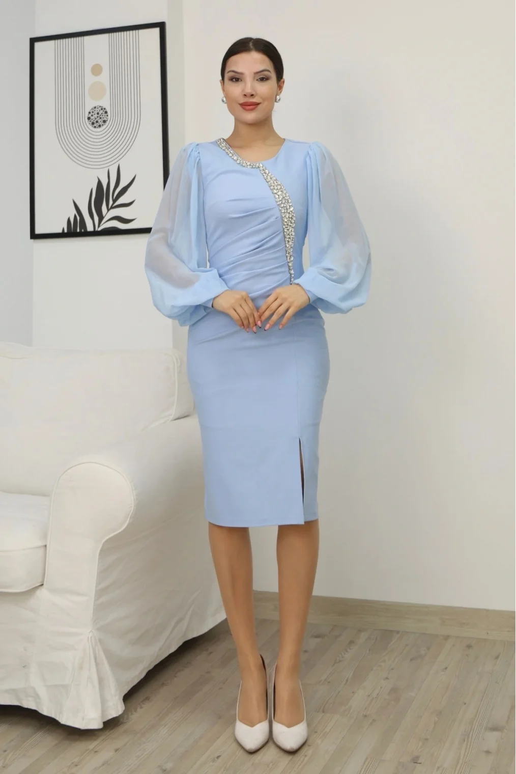 Taş İşlemeli Balon Kollu Pileli Midi Elbise 2334-Bebe Mavisi