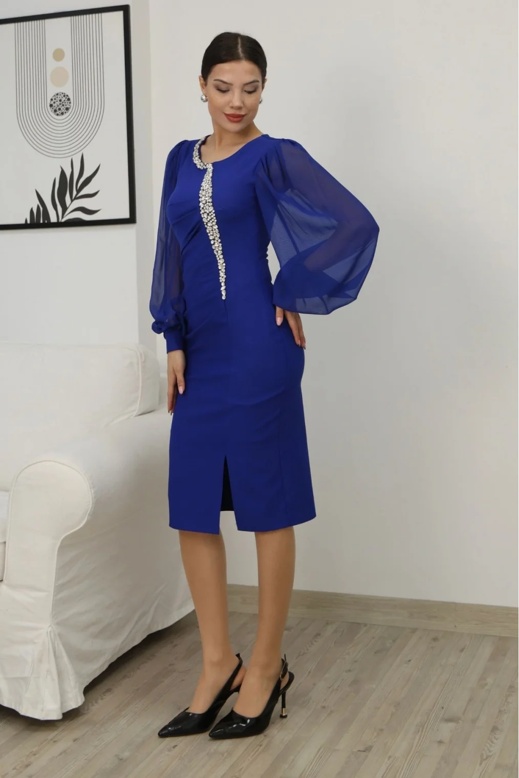 Taş İşlemeli Balon Kollu Pileli Midi Elbise 2334-Saks