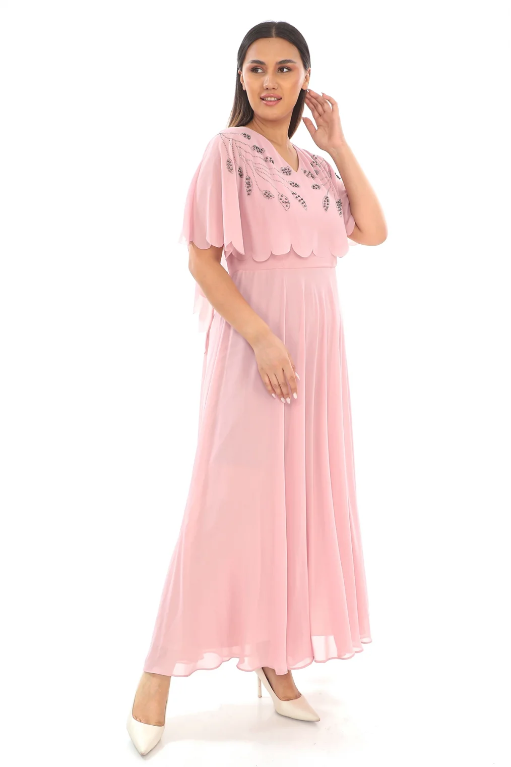 Taş Ve İnci Detaylı Büyük Beden Elbise 2212- Pudra