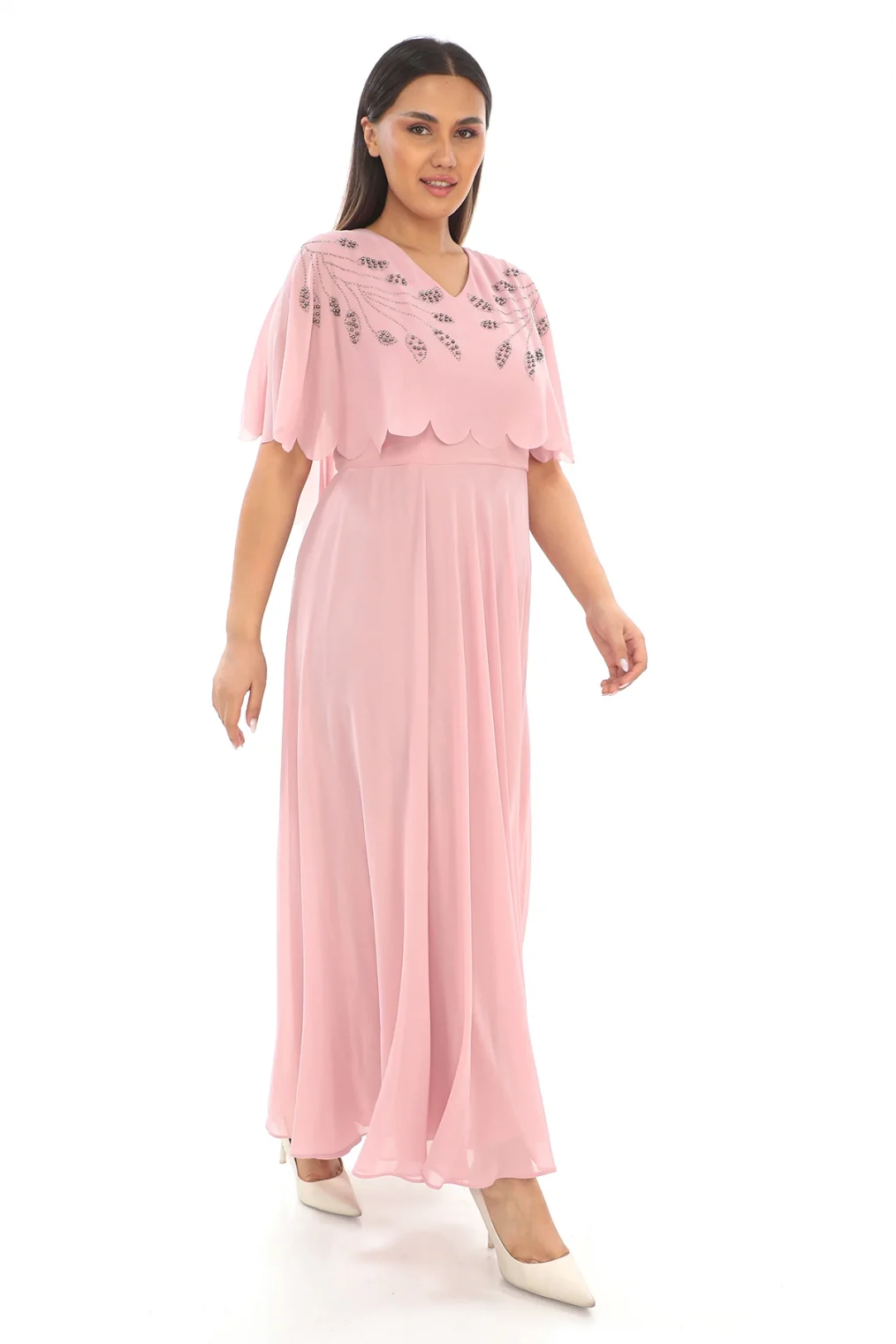 Taş Ve İnci Detaylı Büyük Beden Elbise 2212- Pudra