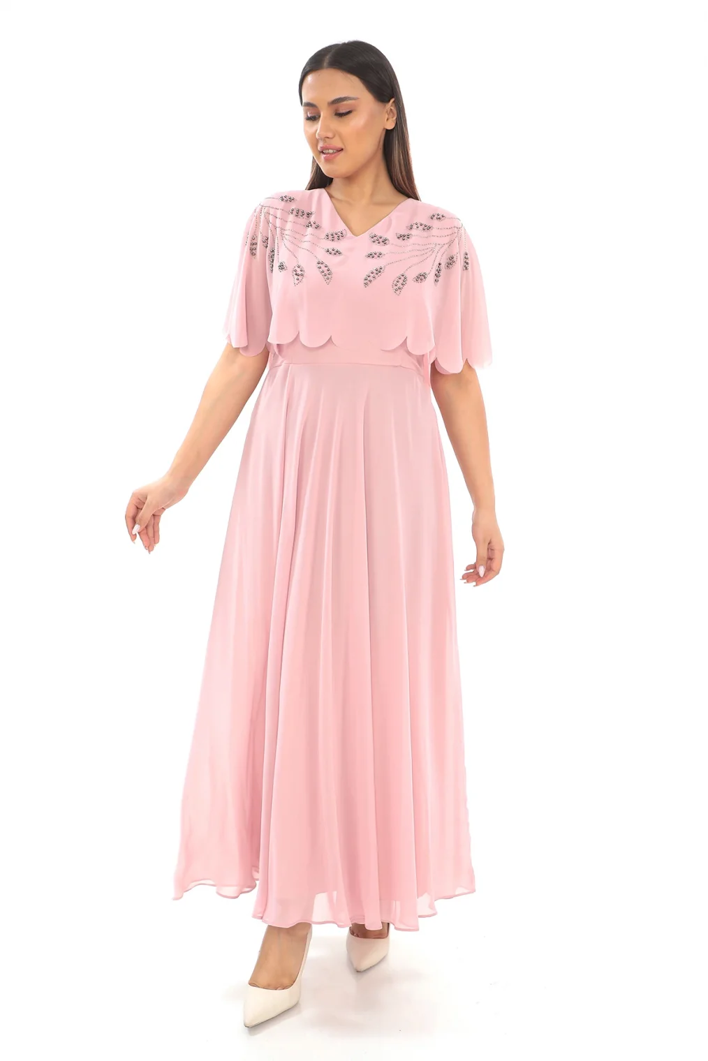 Taş Ve İnci Detaylı Büyük Beden Elbise 2212- Pudra