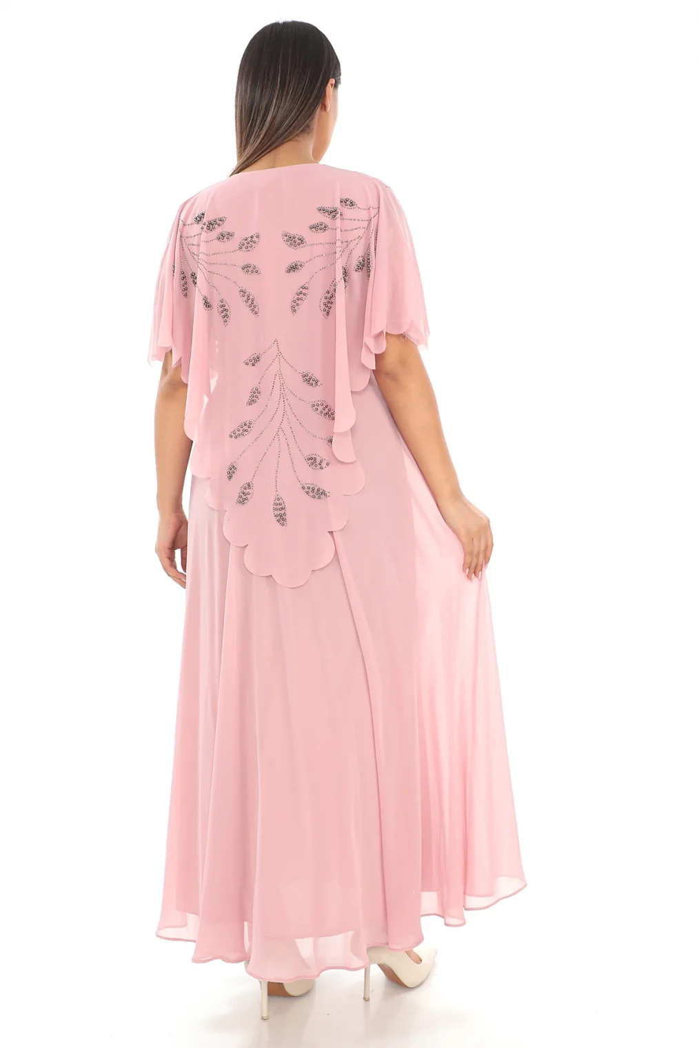 Taş Ve İnci Detaylı Büyük Beden Elbise 2212- Pudra