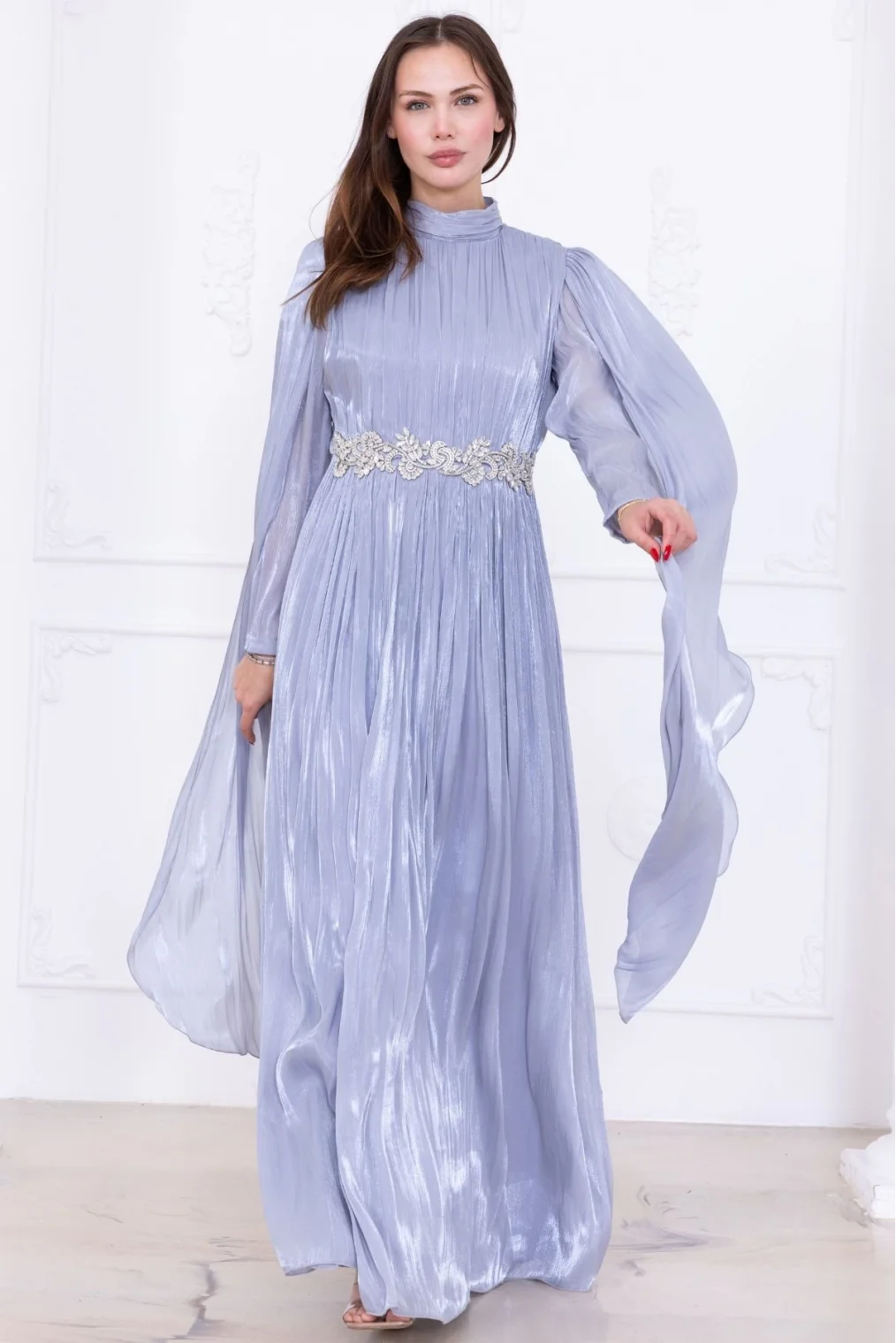 Taş ve Pelerin Detaylı Abiye Elbise 2753-Gri