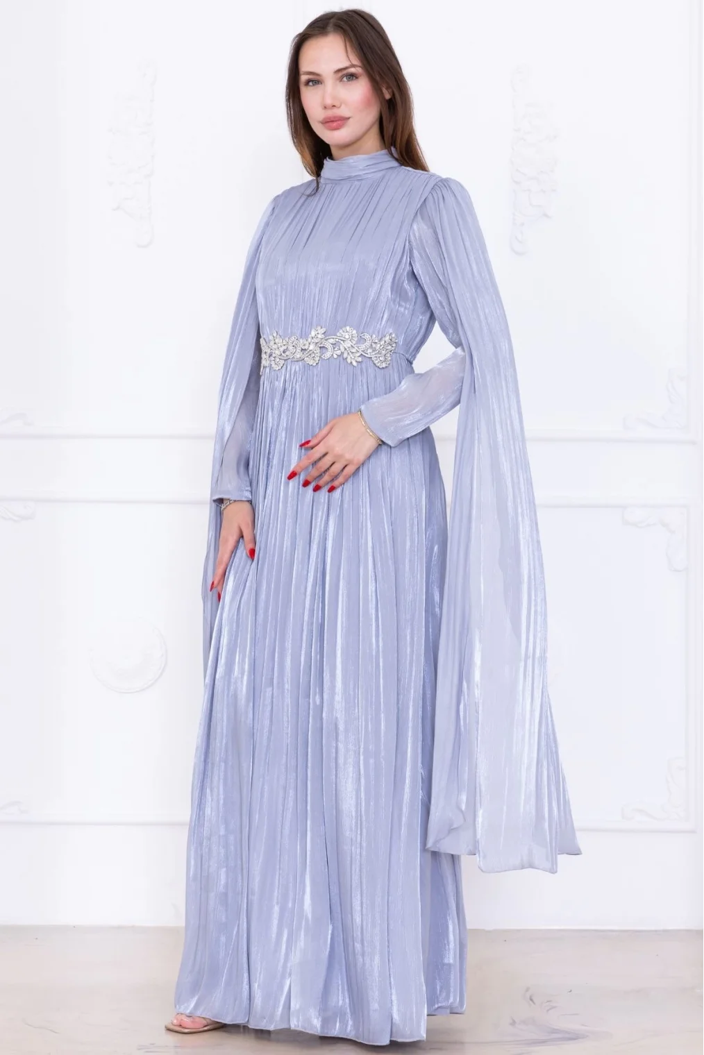 Taş ve Pelerin Detaylı Abiye Elbise 2753-Gri