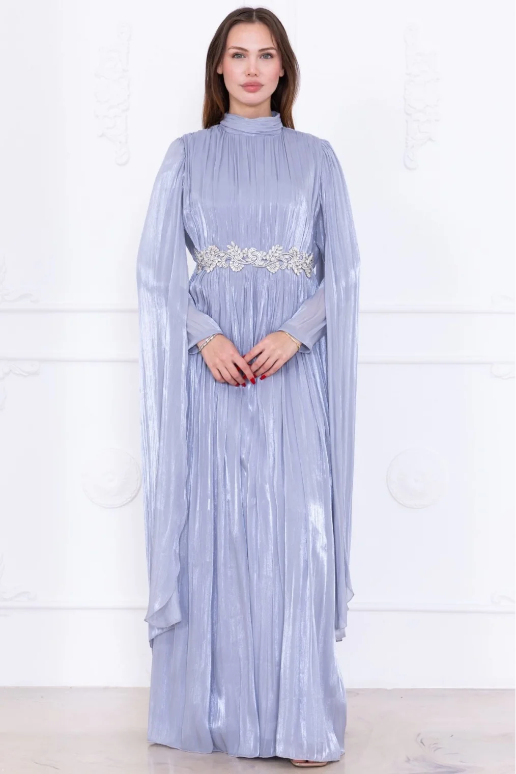 Taş ve Pelerin Detaylı Abiye Elbise 2753-Gri