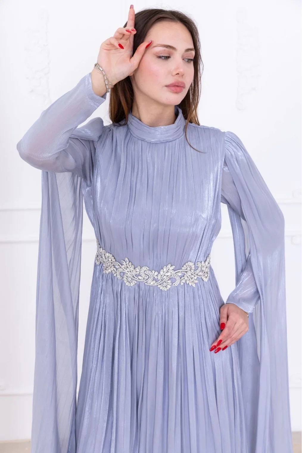 Taş ve Pelerin Detaylı Abiye Elbise 2753-Gri