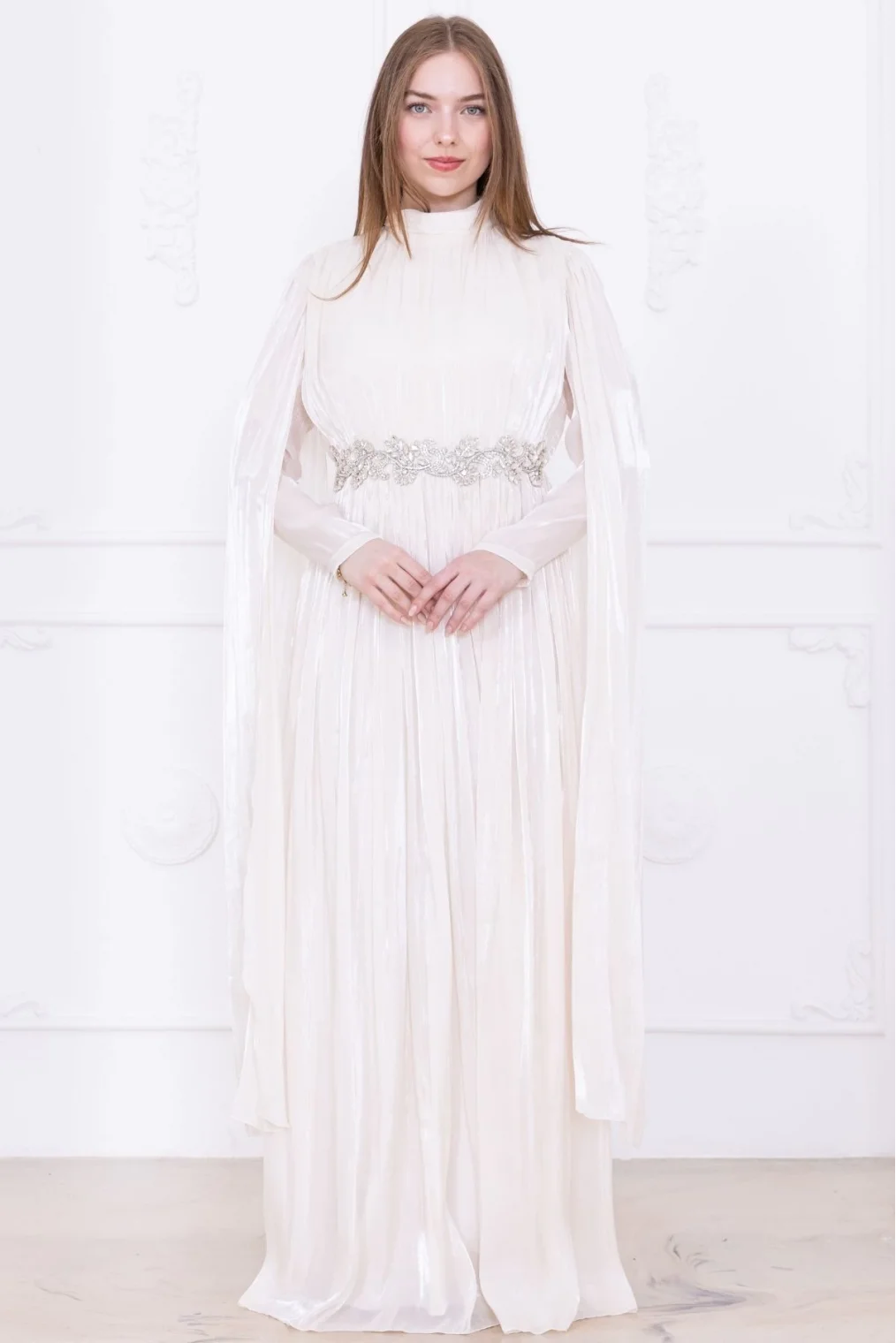 Taş ve Pelerin Detaylı Abiye Elbise 2753-Krem