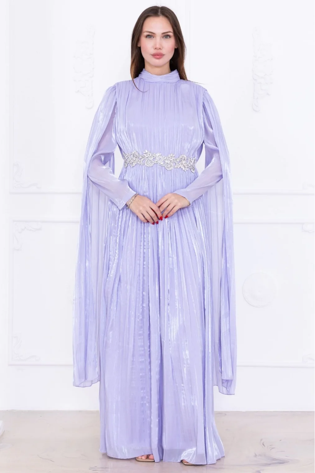 Taş ve Pelerin Detaylı Abiye Elbise 2753-Lila