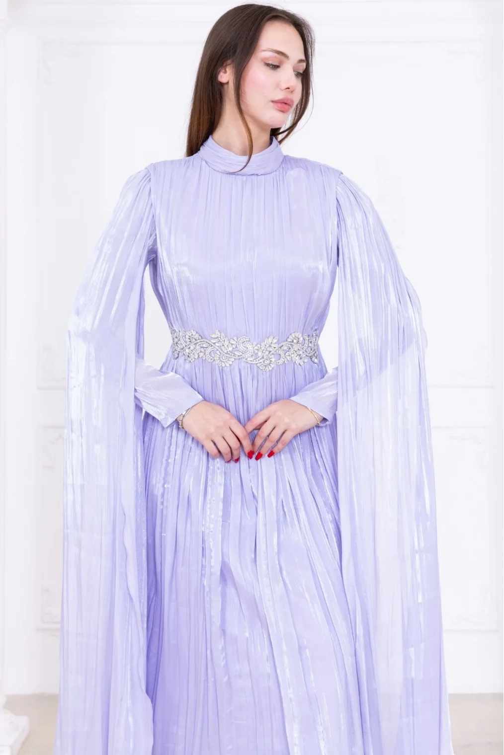 Taş ve Pelerin Detaylı Abiye Elbise 2753-Lila