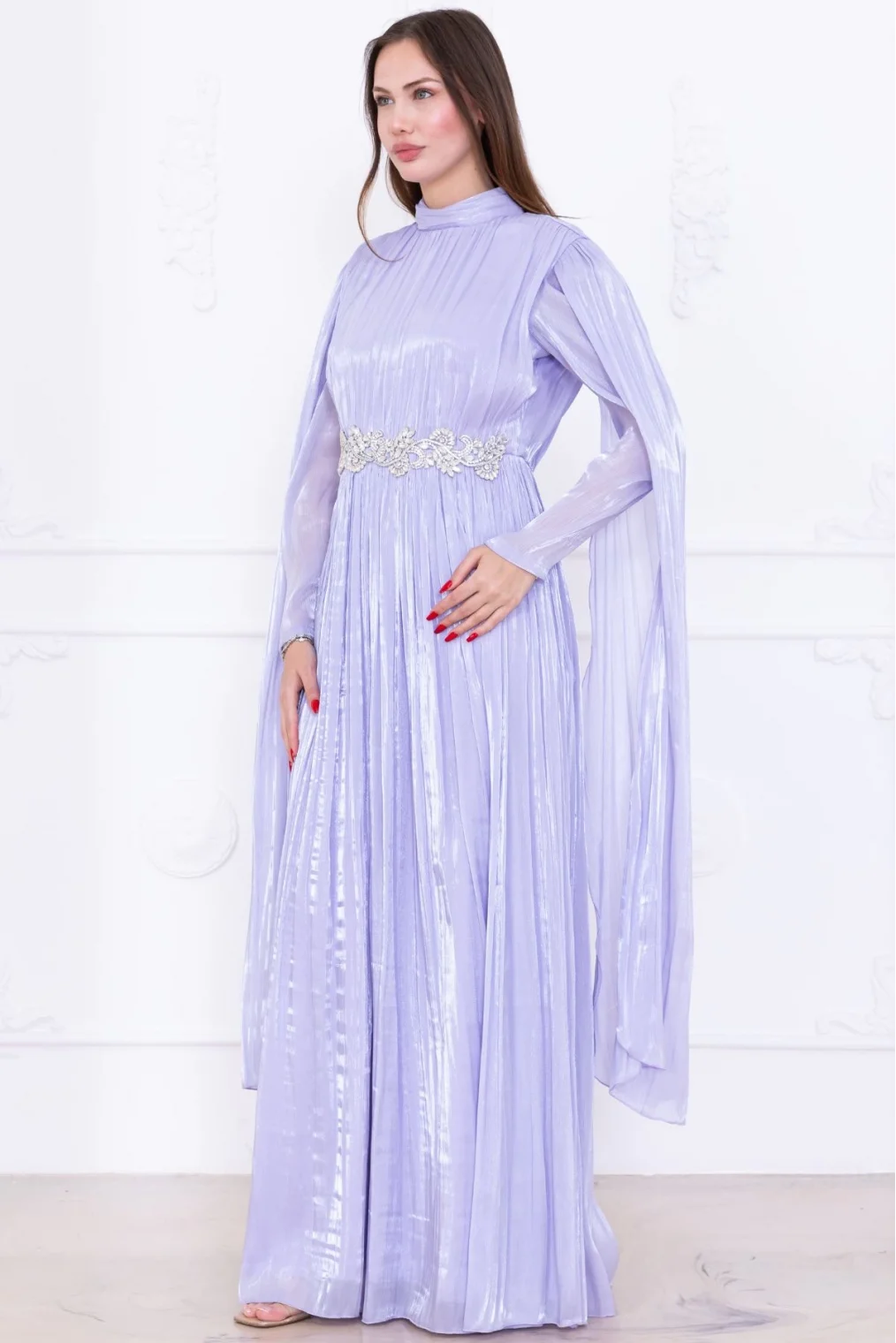 Taş ve Pelerin Detaylı Abiye Elbise 2753-Lila