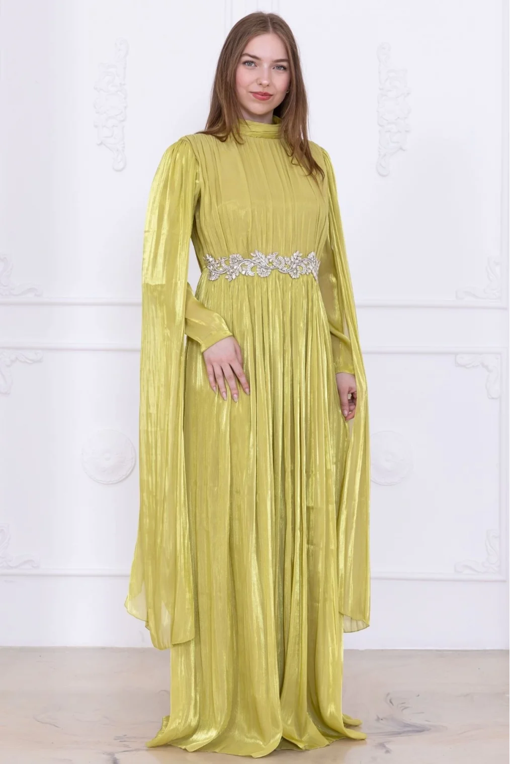 Taş ve Pelerin Detaylı Abiye Elbise 2753-Olive