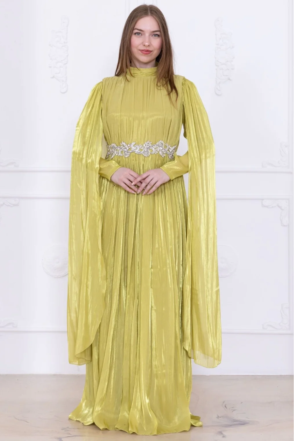 Taş ve Pelerin Detaylı Abiye Elbise 2753-Olive