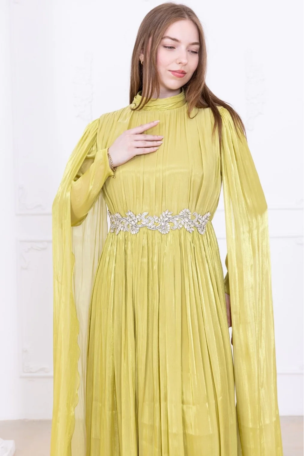 Taş ve Pelerin Detaylı Abiye Elbise 2753-Olive