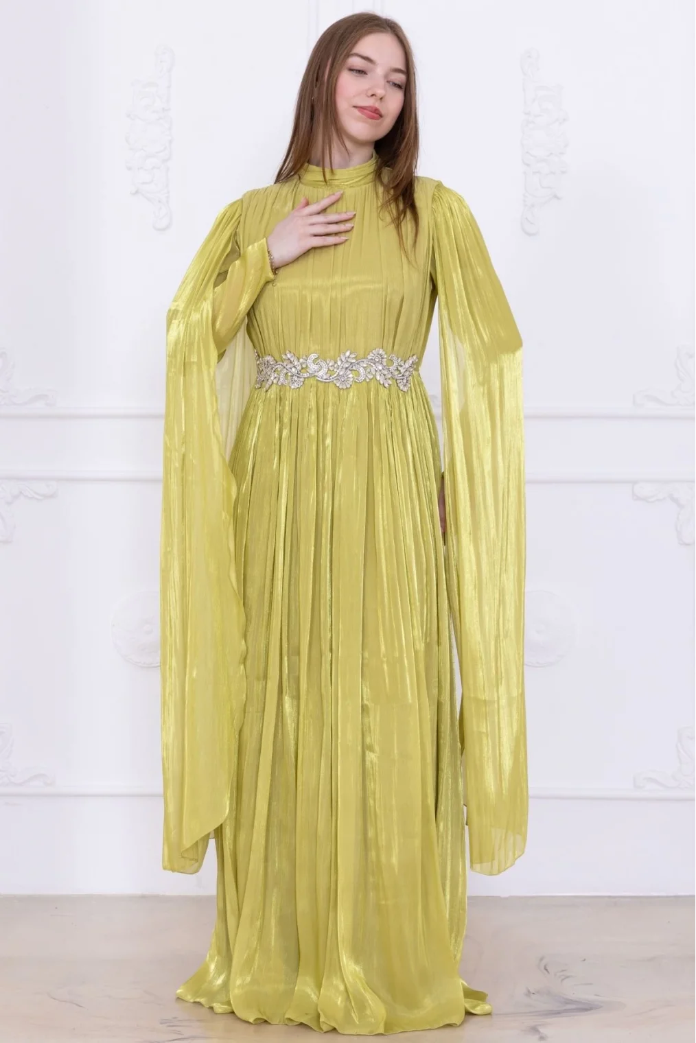 Taş ve Pelerin Detaylı Abiye Elbise 2753-Olive