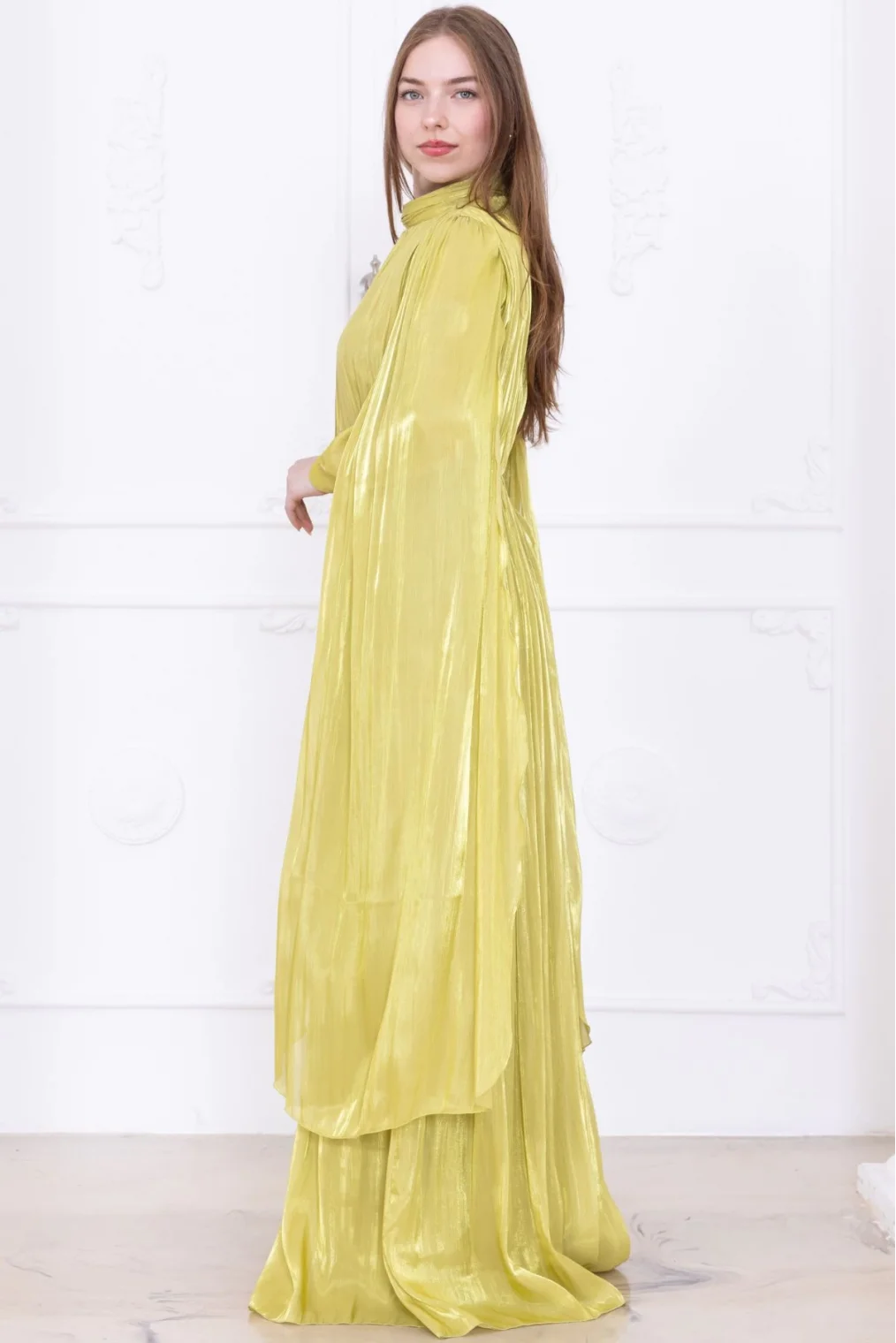 Taş ve Pelerin Detaylı Abiye Elbise 2753-Olive