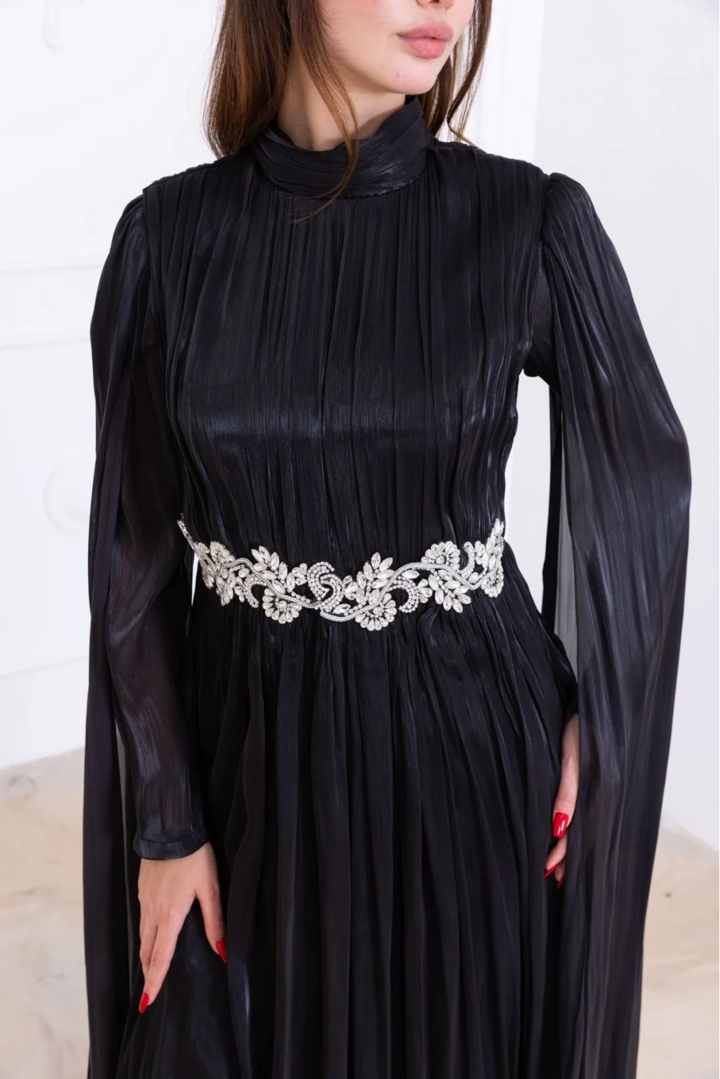 Taş ve Pelerin Detaylı Abiye Elbise 2753-Siyah