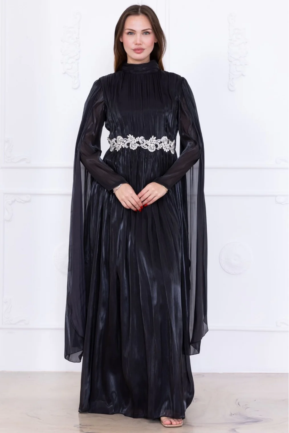 Taş ve Pelerin Detaylı Abiye Elbise 2753-Siyah