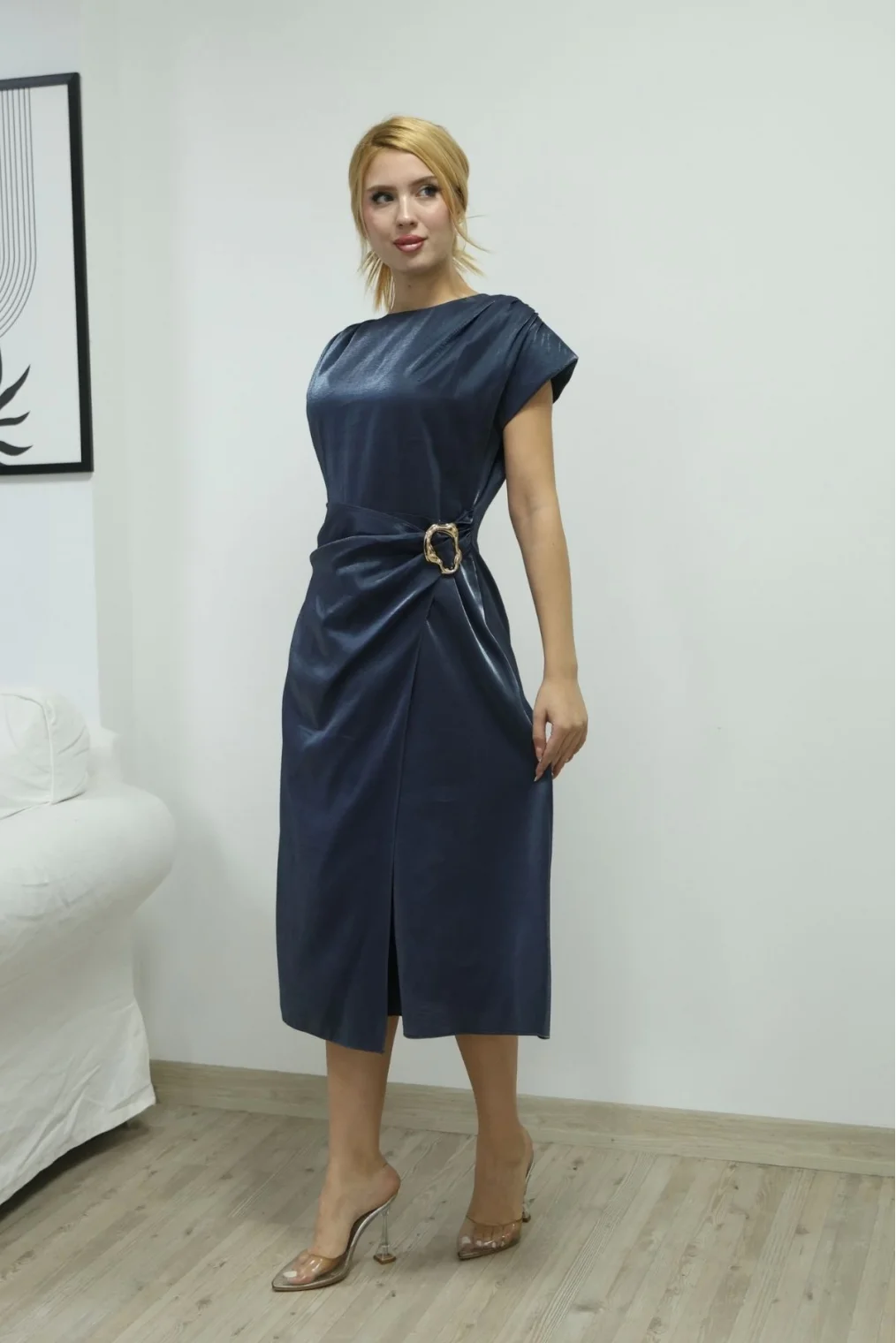 Toka ve Drape Detaylı Soft Saten Midi Elbise 6042-Lacivert