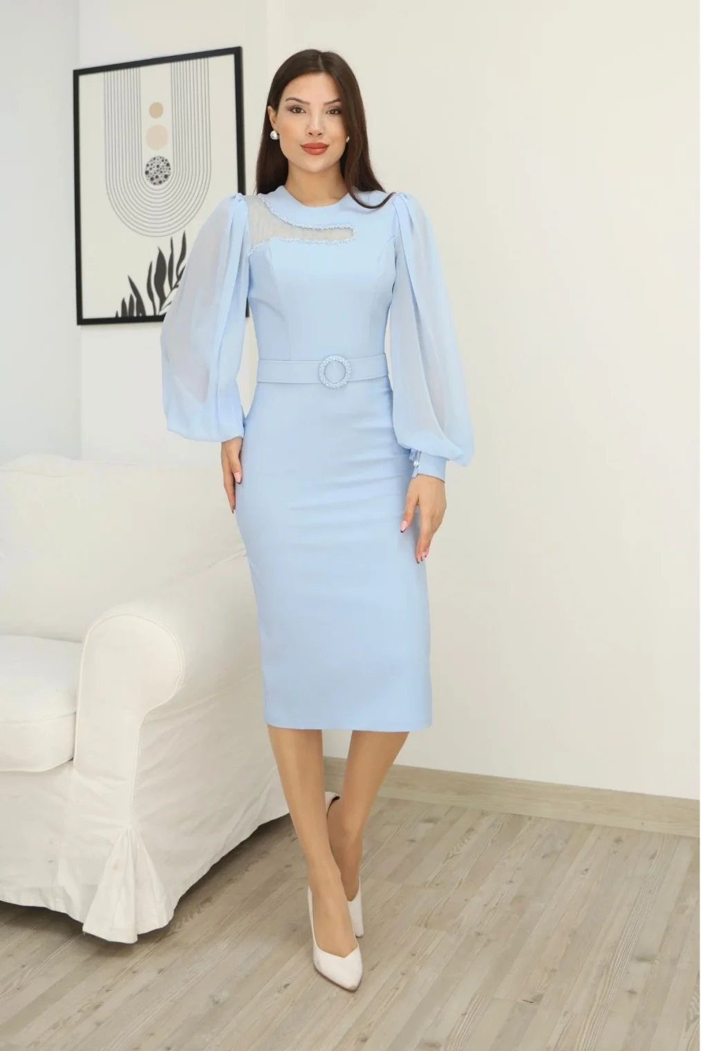 Tül ve İşleme Detaylı Midi Elbise 2285-Bebe Mavisi