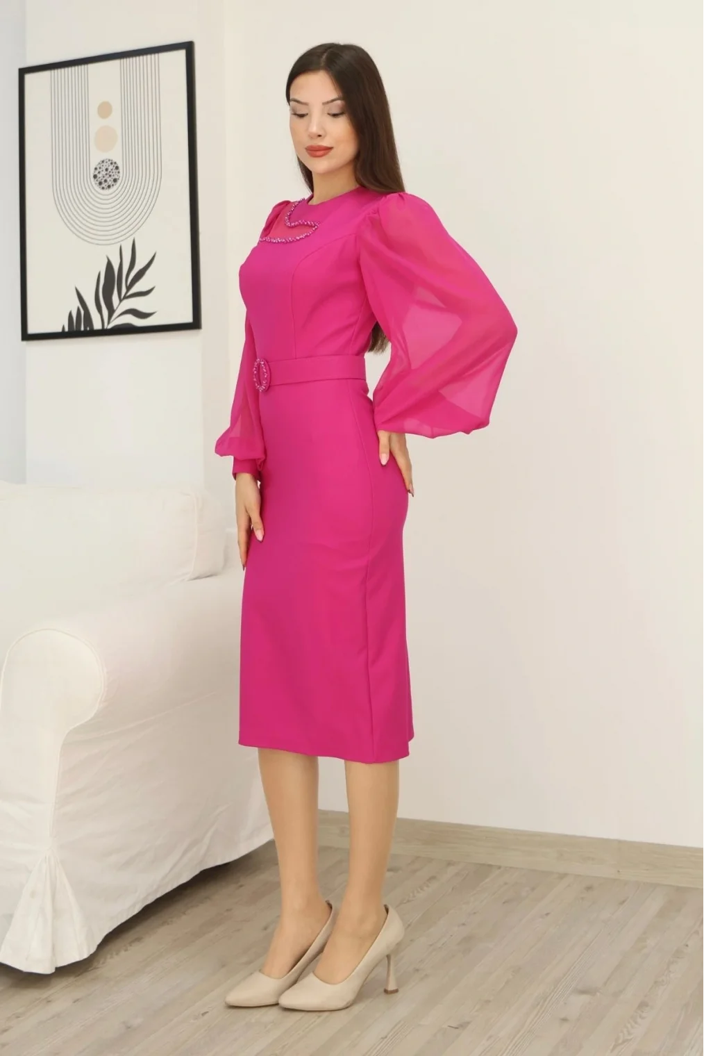 Tül ve İşleme Detaylı Midi Elbise 2285-Fuşya