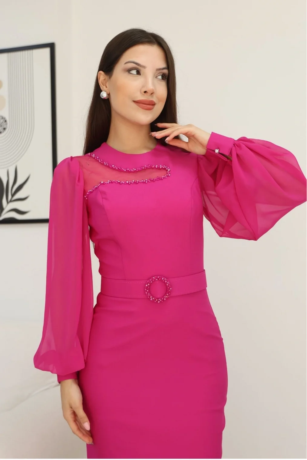 Tül ve İşleme Detaylı Midi Elbise 2285-Fuşya