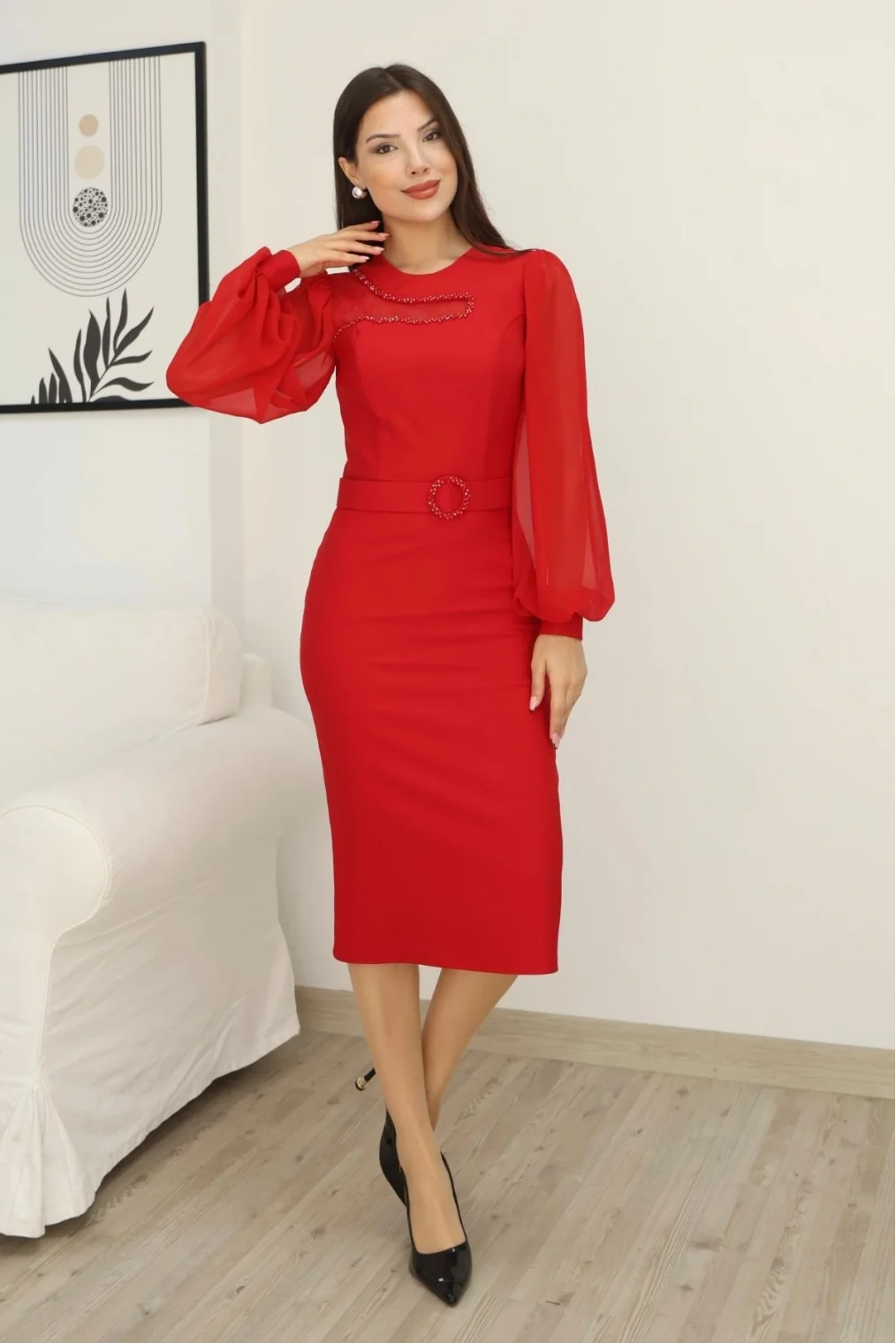 Tül ve İşleme Detaylı Midi Elbise 2285-Kırmızı