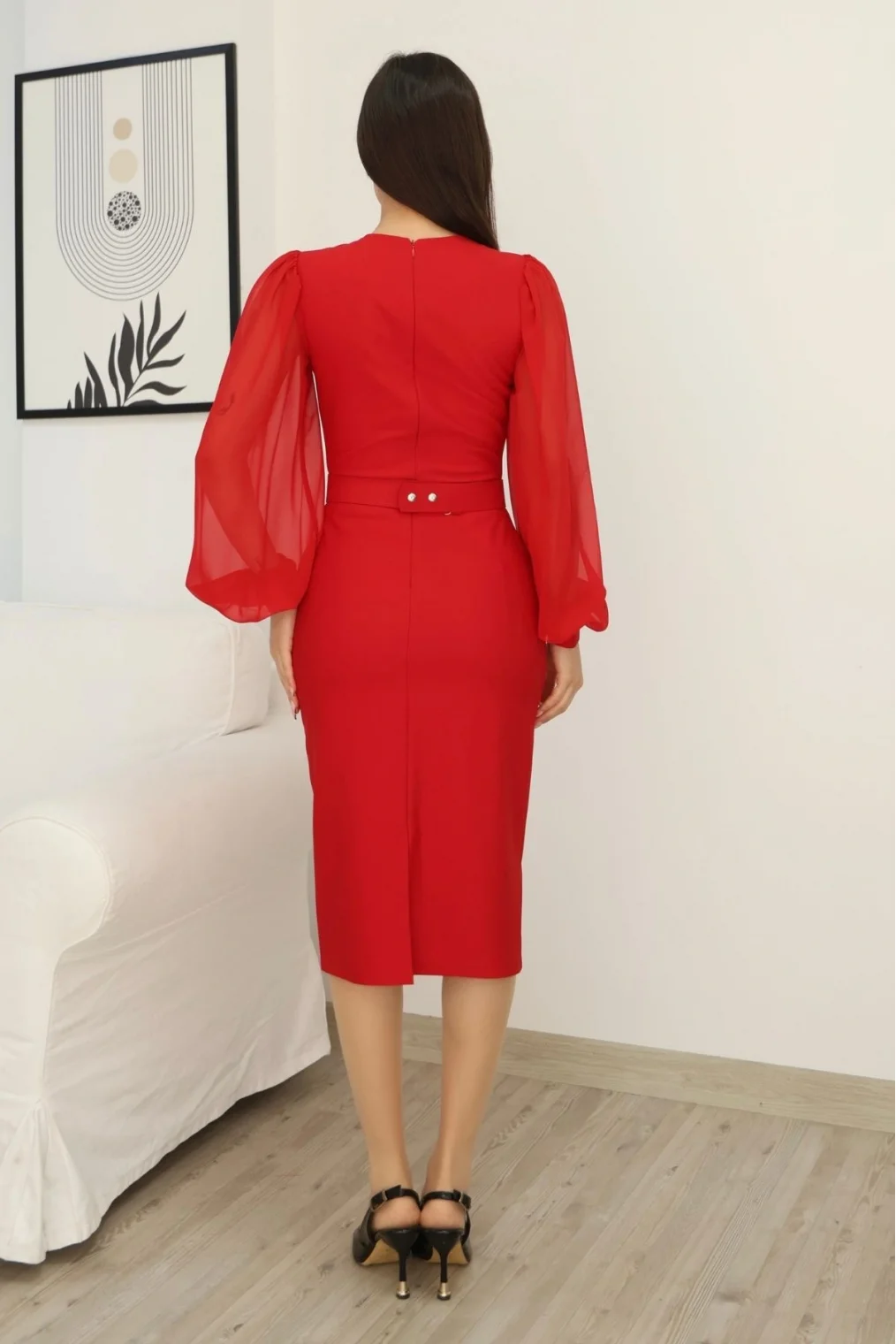 Tül ve İşleme Detaylı Midi Elbise 2285-Kırmızı