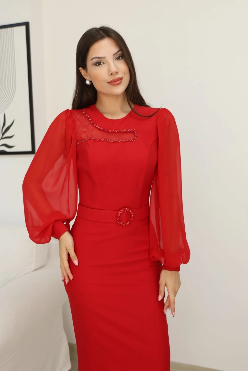 Tül ve İşleme Detaylı Midi Elbise 2285-Kırmızı