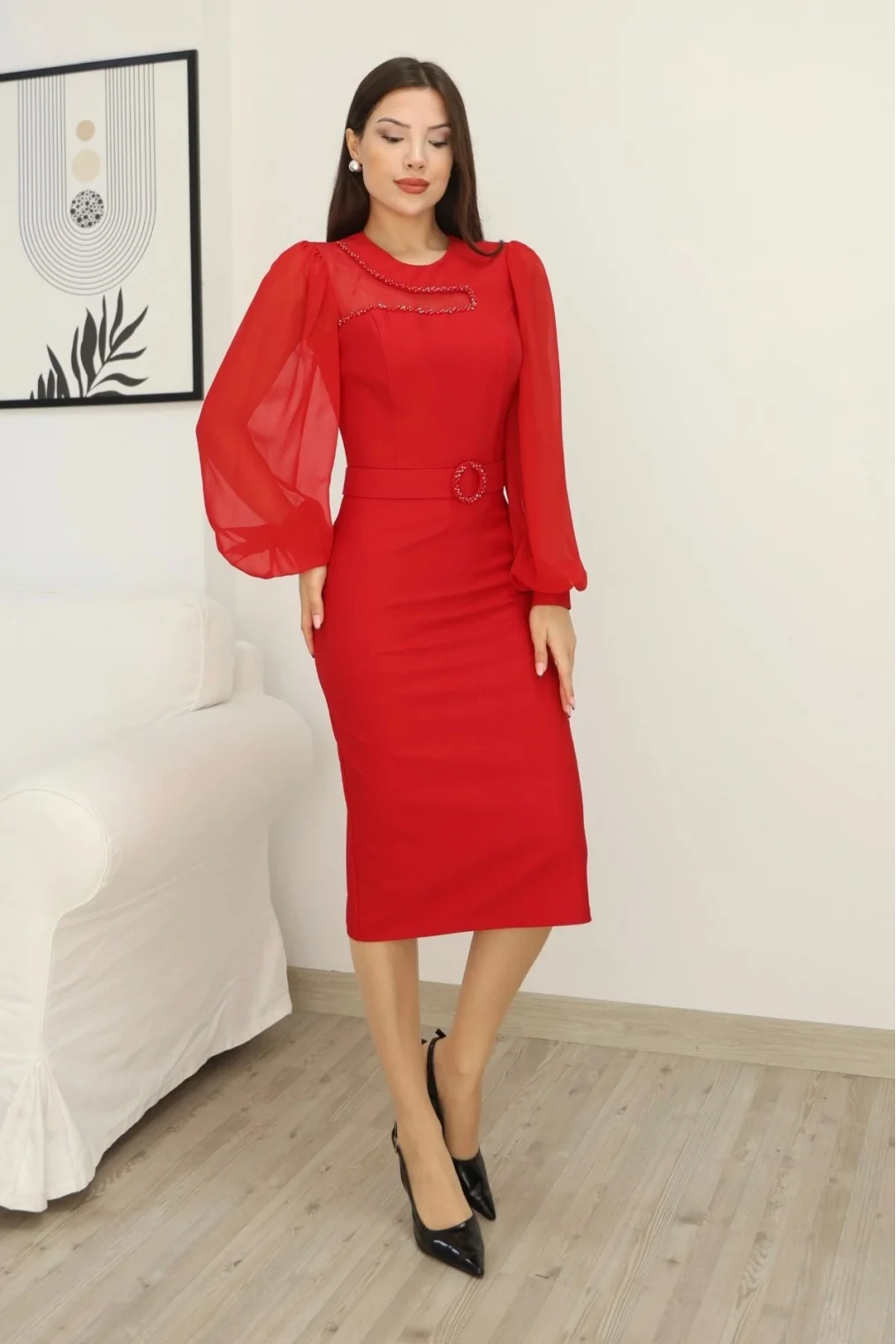 Tül ve İşleme Detaylı Midi Elbise 2285-Kırmızı