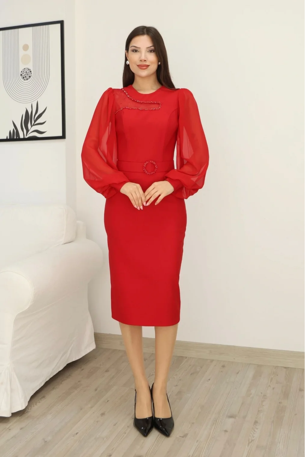 Tül ve İşleme Detaylı Midi Elbise 2285-Kırmızı