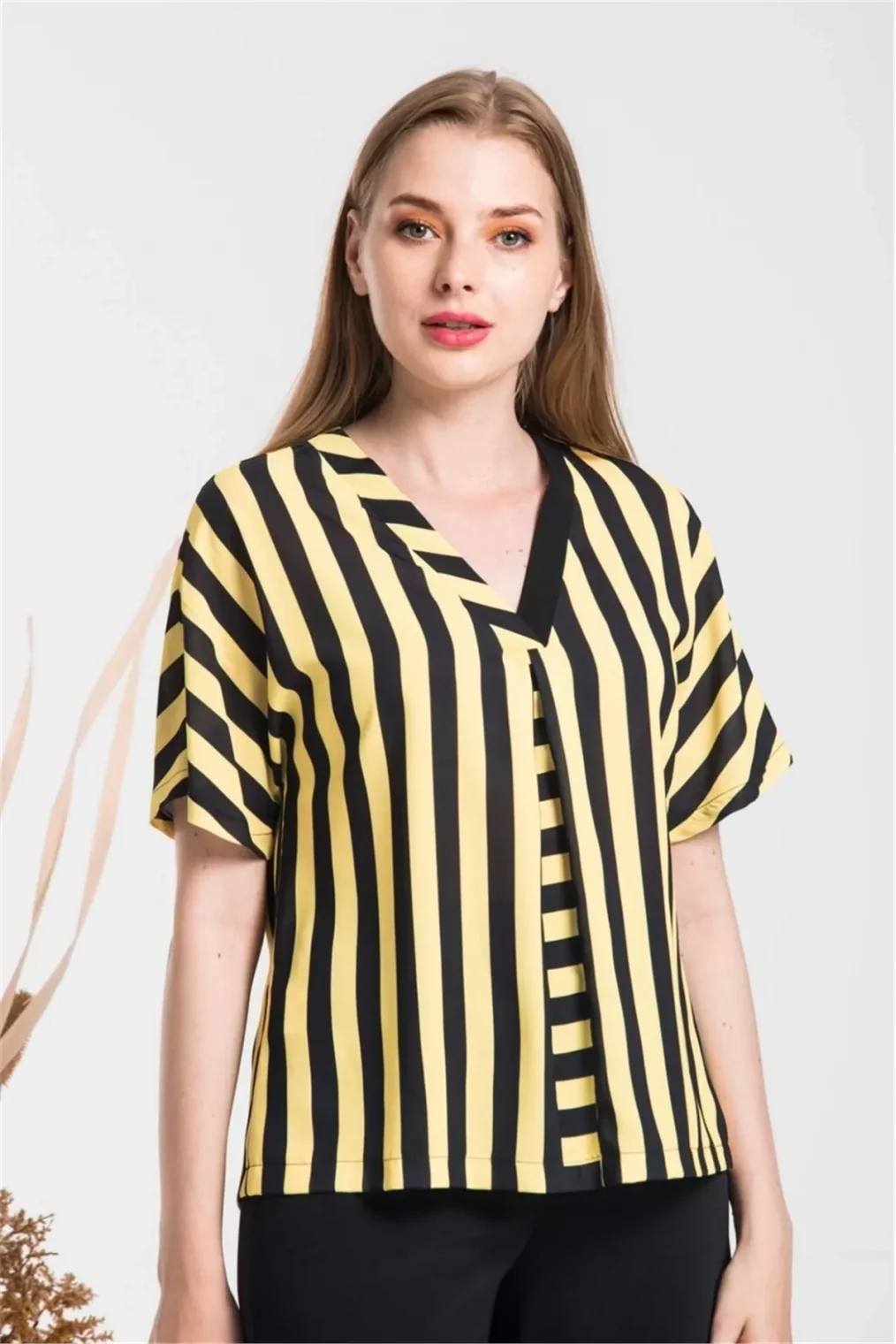 V Yaka Çizgili Bluz 1715-SARI