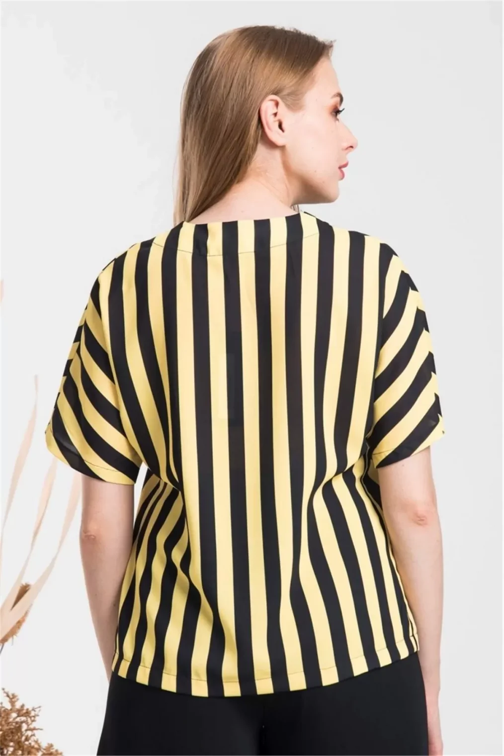 V Yaka Çizgili Bluz 1715-SARI